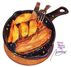 a painting of bacon and potatoes in a frying pan with tongs on the side