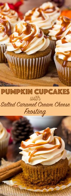 pumpkin cupcakes with caramel cream cheese frosting are on a wooden platter