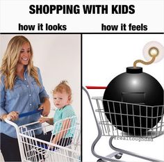 a woman pushing a baby in a shopping cart with the caption how it looks