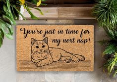 a door mat with an image of a cat and the words you're just in time for my next nap