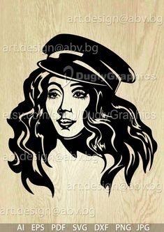 a woman with long hair wearing a hat on top of a wooden background in black and white