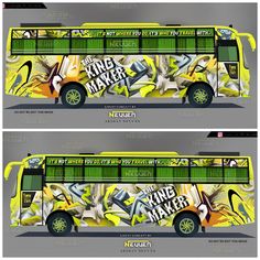 two bus wrappers with the words king maker painted on them in yellow and green