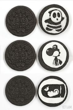 four oreo cookies with different designs on them