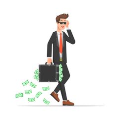 a man in a suit and tie is walking while talking on the phone with money coming out of his briefcase