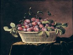 a painting of plums in a wicker basket