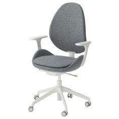 an office chair with wheels on the back and seat upholstered in grey fabric