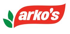 the logo for arko's is shown in red and white with green leaves