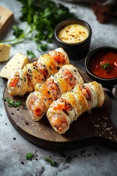 some food is laying on a wooden board with dipping sauces and parmesan cheese