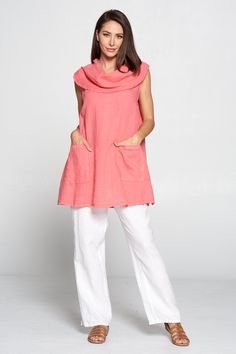 "- Cowl neck tunic top - Front two pockets - sleeveless - Comfortable breezy - Great for any occasion - 100% linen - Made in USA Size measurements Style was measured laid flat. Please multiply by two to get approximate circumference *Small bust : 21\" waist : 23\" hip : 27\" bottom hem : 32.5\" length : 32\" *Medium bust : 22\" waist : 24\" hip : 28\" bottom hem : 33.5\" length : 32.25\" *Large bust : 23\" waist : 25\" hip : 29\" bottom hem : 34.5\" length : 32.5\" *XL bust : 24\" waist : 26\" h Sleeveless Linen Dress, Short Tank Top, Cowl Neck Tunic, Linen Crops, Boyfriend Shirt, Spring Summer Dress, Womens Tunics, Large Bust, Small Bust