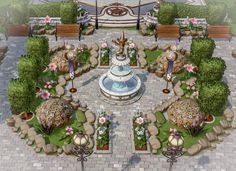 an artist's rendering of a garden with a fountain and seating area in the center