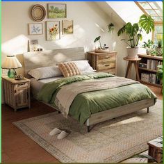 a bed room with a neatly made bed and lots of plants