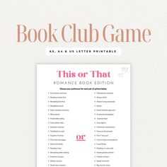 the book club game is displayed on a white background with pink lettering and hearts in it