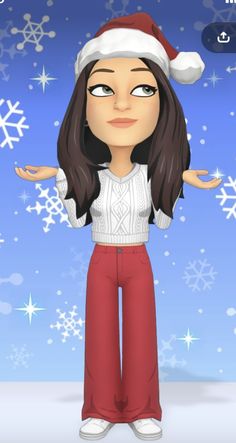 an animated girl wearing a santa hat and holding her hands out in front of snowflakes