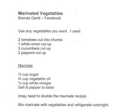 the recipe for marinated vegetables is shown here