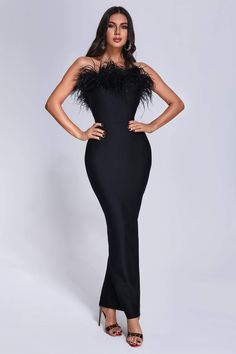 None Bodycon Maxi Skirt, Black Bandage Dress, Bandage Dress Black, Strapless Party Dress, Off Shoulder Fashion, Bodycon Maxi Dresses, Style Party, Feather Dress, Maxi Robes