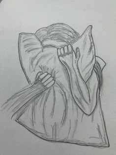 a pencil drawing of a woman with her hair blowing in the wind, holding onto a pillow