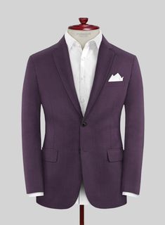 A bold option that's bound to make a striking impression, the Purple suit is tailored to elevate your style & fit. Crafted from wool blend, this suit is stylishly designed from the finest 140's count super fine wool fabric. Pair with a white shirt and printed tie for a modern finish, or layer up with a rollneck for a smart winter look.   Look Includes  Napolean Purple Wool Fabric  Two Button Jacket Style  Notch Lapel  Horn Royal Black Button  Single Vent  Three Cuff Buttons  Two Welted Back Pockets on Trousers   Click 'Customize Now' to modify the look if needed.   Lining: Viscose, Dry Clean, Pants can be lightly washed. Custom Fit Suit In Suiting Fabric, Luxury Fitted Wool Sport Coat, Tailored Wool Suits For Semi-formal Occasions, Long Sleeve Suits For Tailoring In Suiting Fabric, Fitted Wool Sport Coat For Semi-formal Occasions, Bespoke Tailored Tweed Jacket For Formal Occasions, Bespoke Tailored Tweed Jacket For Formal Events, Slim Fit Wool Suit With Welt Pockets, Fitted Tweed Jacket With Suit Collar For Formal Occasions