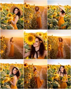 a woman in an orange dress and hat poses for pictures with sunflowers on the field