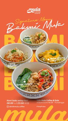 an advertisement for malaysian cuisine with three bowls of food in the middle and one bowl filled with noodles