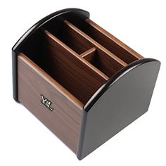 a wooden desk organizer with three compartments