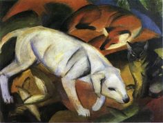 a painting of two white dogs and one black dog in front of an orange cat