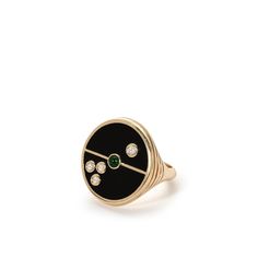 Compass Ring - Black Onyx/ Emerald – Retrouvai | Modern Heirlooms Vintage Onyx Ring Eragem, Onyx And Diamond Ring, Timeless Black Enamel Signet Ring, Luxury Black Enamel Signet Ring, Luxury Onyx Round Signet Ring, Luxury Yellow Gold Signet Ring With Black Enamel, Luxury 14k Gold Black Enamel Ring, Timeless Round Onyx Jewelry, Timeless Black Enamel Round Jewelry