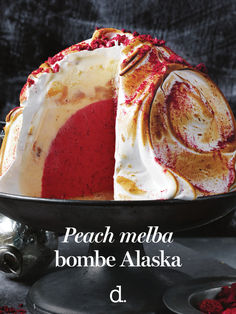 a cake with white frosting and red toppings on top is shown in front of the words peach melba bombe alaska