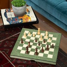 a chess board on a coffee table next to a potted succulent plant