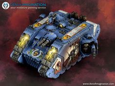 an image of a warhammer painted in blue and black with the words, don't