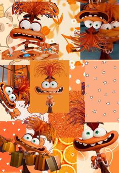 an orange and black collage with cartoon characters