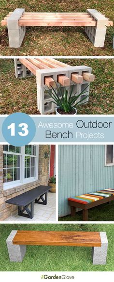 an outdoor bench made out of cinder blocks with the words, 13 awesome outdoor bench projects