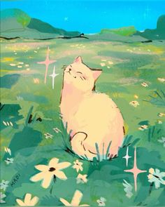 a painting of a cat sitting in the grass with stars on it's back