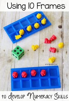 an ice tray with dices and candy on it next to the words using 10 frames