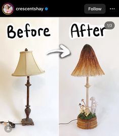 before and after photos of a lamp turned on