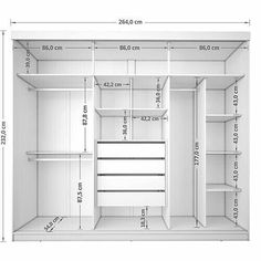 an open closet with measurements for the door and shelf space on each side is shown