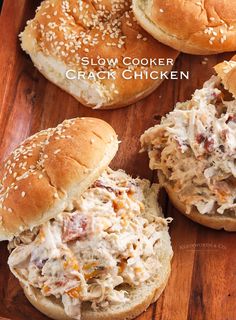 slow cooker chicken cracker sandwiches on a cutting board