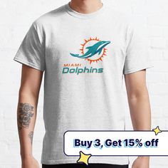 a man wearing a white shirt with the miami dolphins logo on it and text, buy 3 get 15 % off