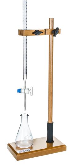 a wooden stand with a glass flask and pipe holder on it, holding a test tube