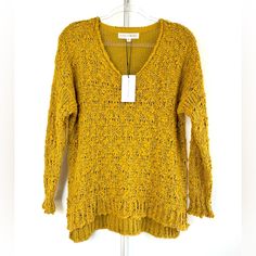 New With Tags! Great Ochre Yellow Fall Hue. Deep Scoop / V-Neck Oversized Sweater With Crocheted Open Knit Texture. Please See Photos For Fabric Content And Details. Measurements Below Taken Laying Flat. Size Xs - Relaxed Fit. Armpit To Armpit 21” Sweater Length (From Bottom Of Collar In Back/ Center) 26” Sleeves 23” Long Yellow Soft Knit Sweater For Spring, Spring Yellow Soft Knit Sweater, Trendy Yellow Soft Knit Sweater, Cozy Yellow Knit Sweater, Oversized Knitted Yellow Top, Oversized Yellow Knitted Tops, Yellow Oversized Knitted Top, Yellow Knitted Oversized Top, Yellow Pointelle Knit Sweater For Winter