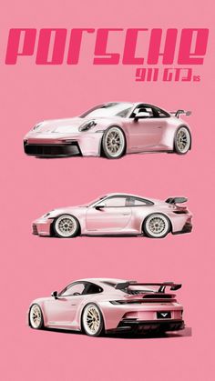 three different colored cars are shown in this pink poster with the words porsche on it