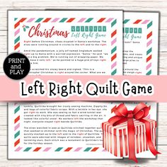 the left right out game for christmas is shown with a red ribbon and present box