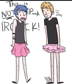 two cartoon girls in different outfits, one wearing a black top and the other pink skirt