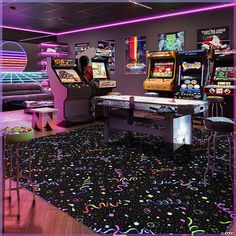 a room filled with lots of arcade machines and tables covered in neon colored confetti