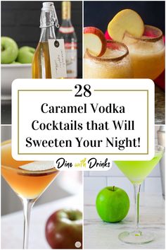 Collage of 4 caramel vodka cocktails. Drink Recipes With Caramel Vodka, Fall Cocktails Caramel Vodka, Cocktail With Caramel Vodka, Caramel Kiss Vodka Drinks, Recipes With Caramel Vodka, Caramel Smirnoff Drinks, Caramel Vodka Drinks Recipes, Smirnoff Caramel Vodka Recipes, Caramel Vodka Cocktails