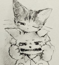 a pencil drawing of two kittens with one looking at the camera while the other is smiling