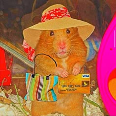 a hamster wearing a straw hat and holding a credit card in its hand with other items around it