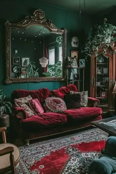 a living room filled with furniture and a large mirror