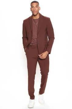 Model Height: 6'2 - Wearing Large Big & Tall: Height 6'3 - Wearing XXXL Available In Brown, Blue and Black. Pointed Lapels Front Pockets Button Front Pair with The Modern Stretch Slim Trouser Shell 65% Polyester 33% Viscose 2% Spandex Lining 100% Polyester Imported | Mens The Modern Stretch Suit Jacket in Brown size XL by Fashion Nova Fitted Brown Suit With Single Button, Brown Notch Lapel Suit With Button Closure, Luxury Brown Single-breasted Suit, Brown Three-piece Suit With Single Button Notch Lapel, Luxury Brown Menswear-inspired Outerwear, Slim Trousers, Male Body, Brown Fashion, Big & Tall