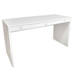 a white desk with two drawers on the top and one drawer at the bottom, against a white background