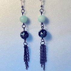 Handmade Blue Flower Bead And Black Chain Detail Dangle Earrings Purple Dangle Earrings, Bunny Jewelry, Extra Long Earrings, Rose Gold Drop Earrings, Wrapping Jewelry, Wire Wrapped Jewelry Tutorials, Ivory Earrings, Earrings Diy, Leather Artisan